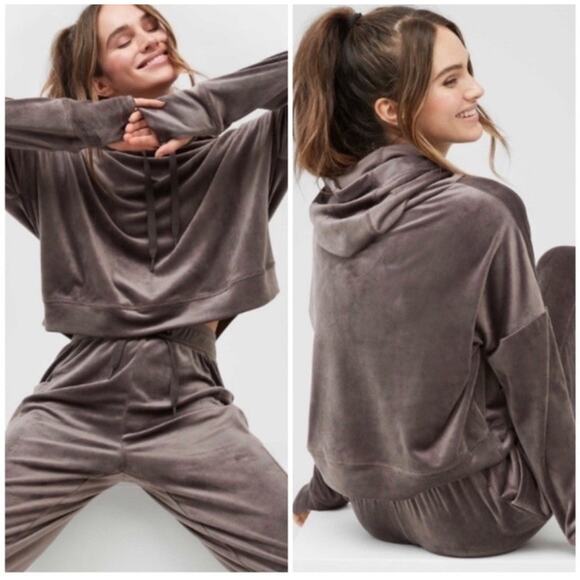 OFFLINE Aerie After Party Velour Oversized Crop Hoodie Sweatshirt Gray Size M - Picture 13 of 13